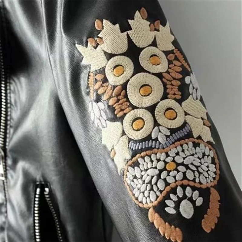 ПУ вышивка мотоциклетная Верхняя одежда Тонкий Veste Manteau Весна негабаритных кожаные куртки женские осенние кожаные пальто Pu жилет