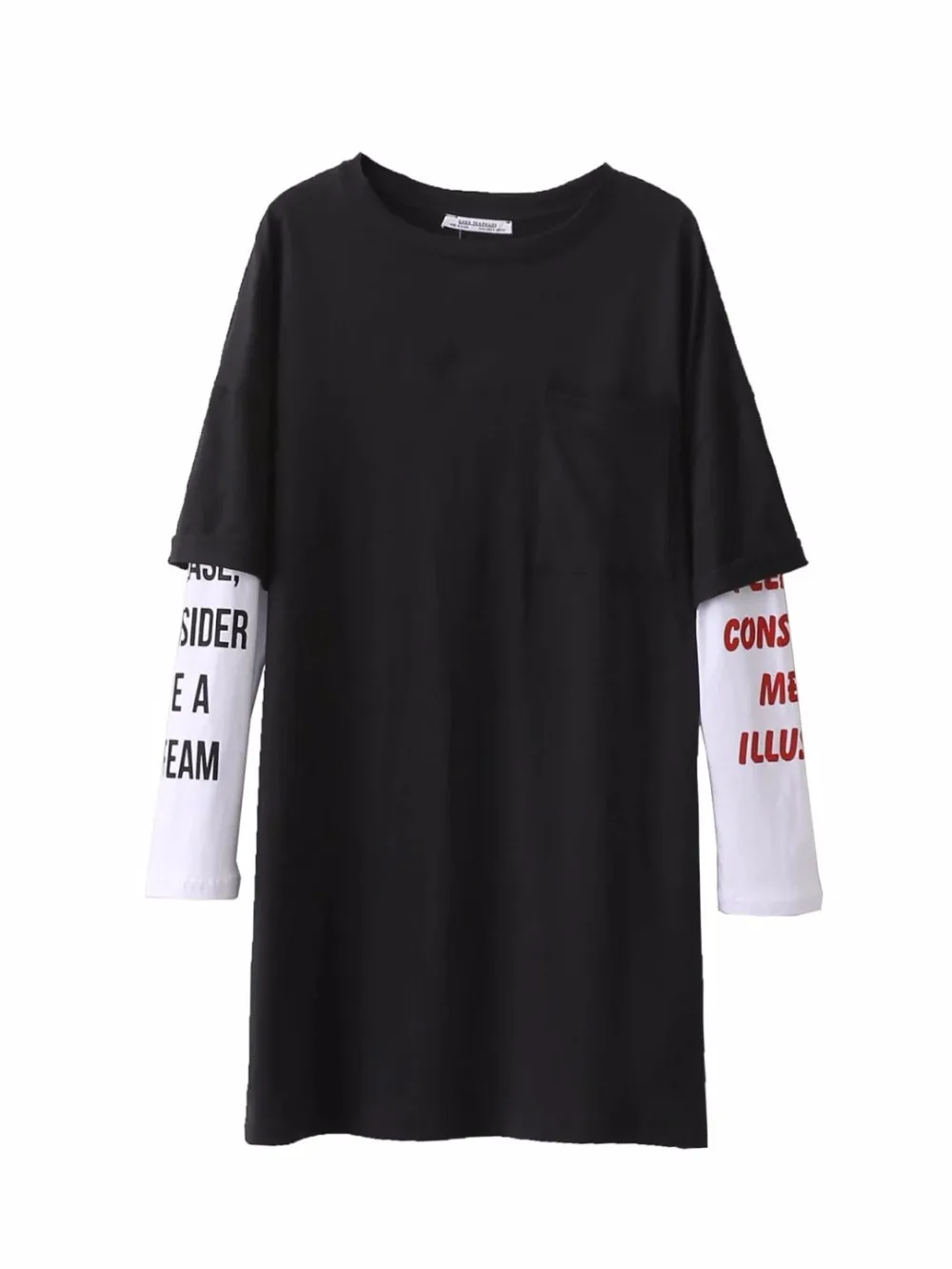 Зима Поддельные из двух частей Футболка Платье Женщины Марка Карманы О шея