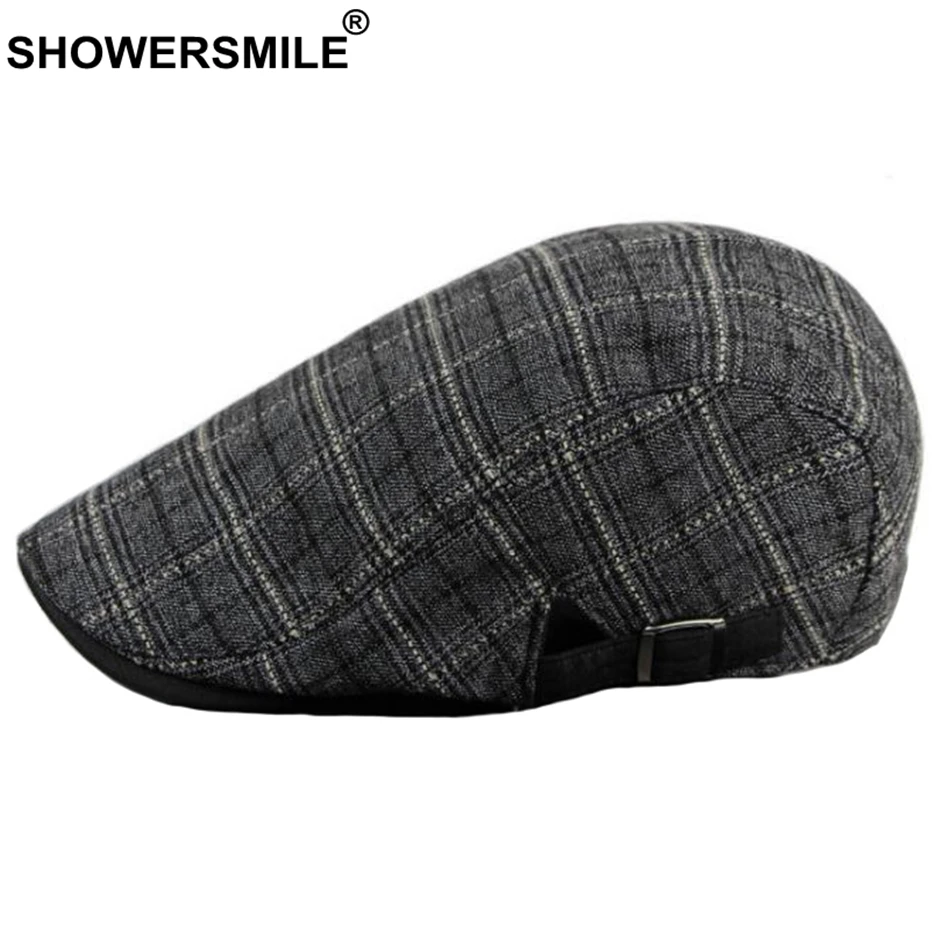 Grey Berets SHOWERSMILE классический береты для мужчин клетчатая хлопковая Регулируемая плоская кепка мужской Клетчатый английский стиль лето осень плюща утконоса шляпа - Цвет: Grey Berets