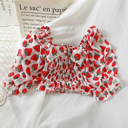 white red strawberry Korobov летняя Новинка, женские блузки с клубничным принтом, корейский короткий топ с вырезом лодочкой, рубашки с оборками и расклешенными рукавами, шифоновые Блузы 78147 - Цвет: white red strawberry
