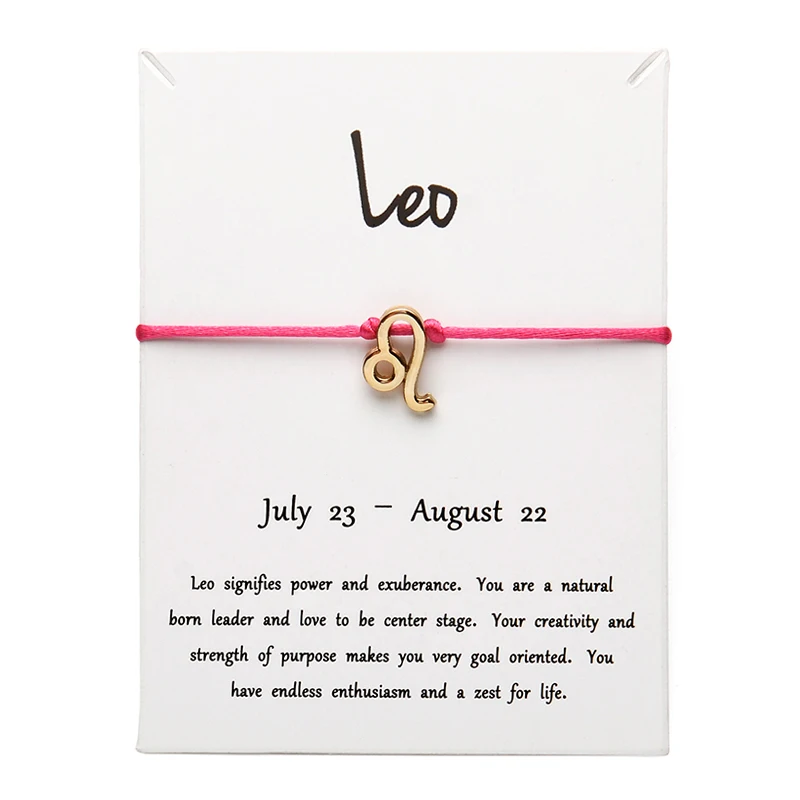 rose gold Leo Белая карта Модные украшения 12 Созвездие Зодиак Лев счастливая веревка браслет браслеты для женщин аксессуары - Окраска металла: rose gold Leo