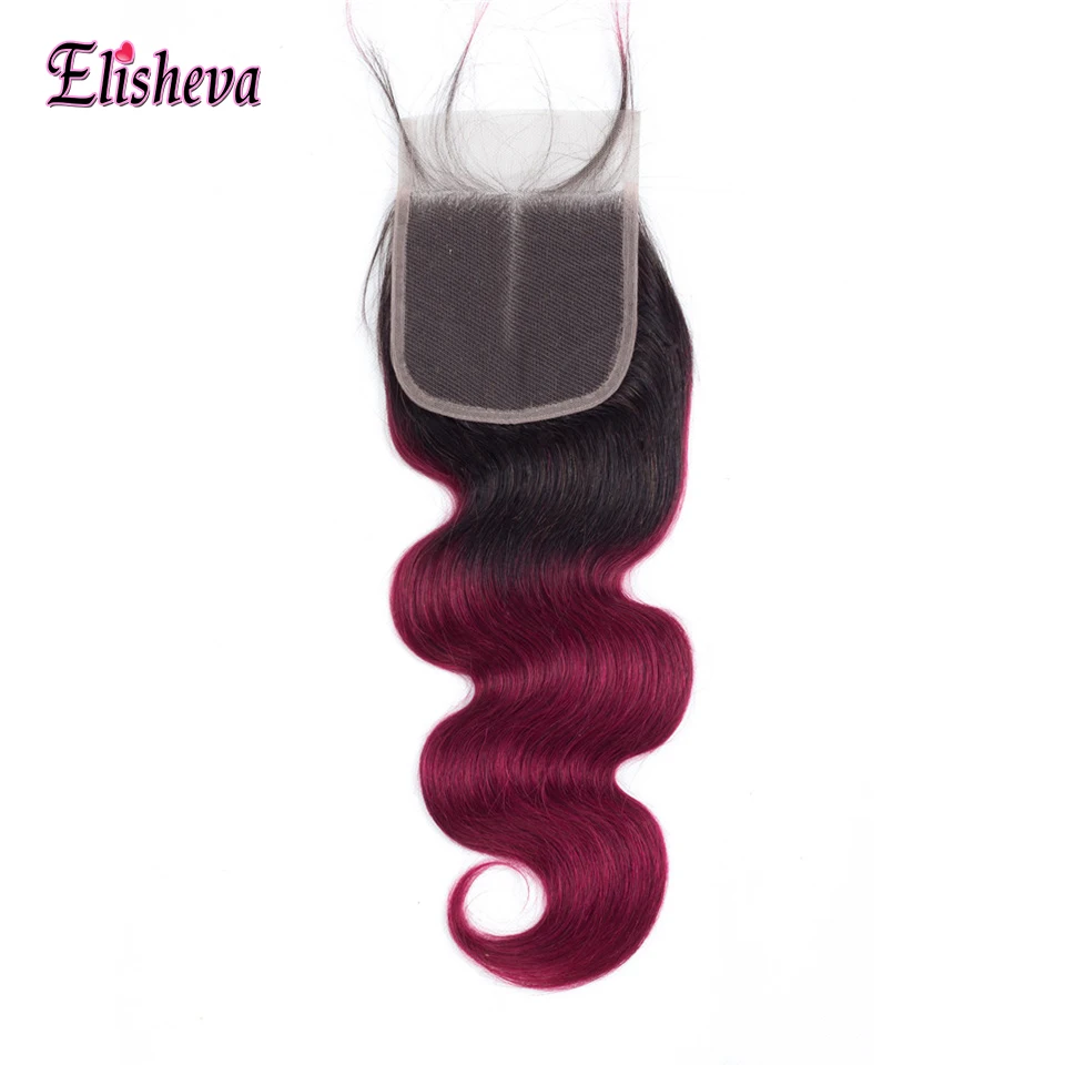 Elisheva темные корни Ombre красный человеческих волос Связки с кружевом Закрытие 1B/Бурганды Бразильский объемная волна Ombre Связки с застежка
