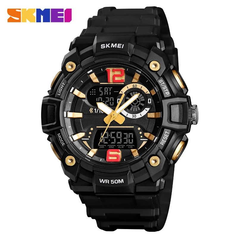 SKMEI Sport Men Watch Digital Watch Fashion Dual Display 5Bar Waterproof Luminous 3 Time Multi-Function watch montre homme 1529 - Цвет: Золотой