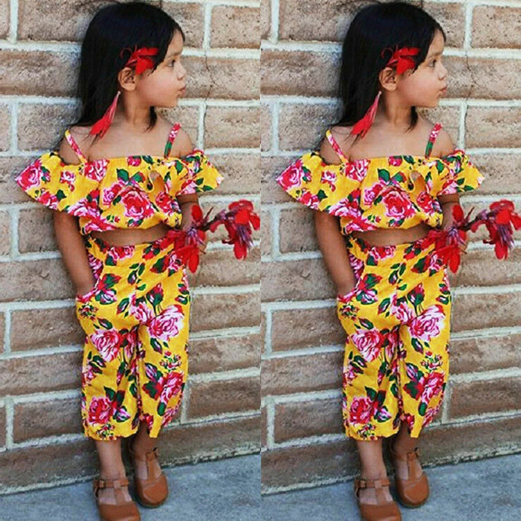 Топы без рукавов с открытыми плечами и цветочным принтом для маленьких девочек +