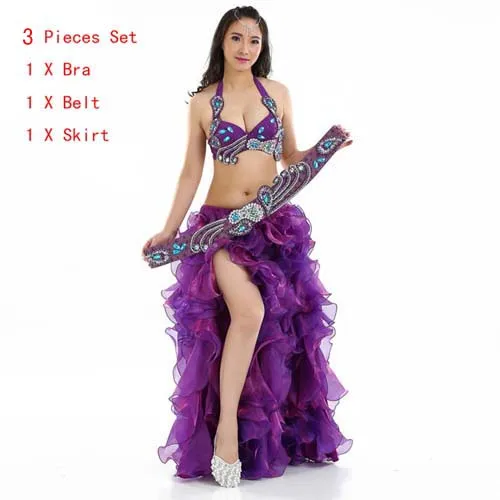 Purple 3 Pieces Set Профессиональный костюм для танца живота, комплект из 3 предметов, стразы, топ с бюстгальтером, B/c, пояс и юбка, платье в стиле Рио, карнавал, Голливуд - Цвет: Purple 3 Pieces Set
