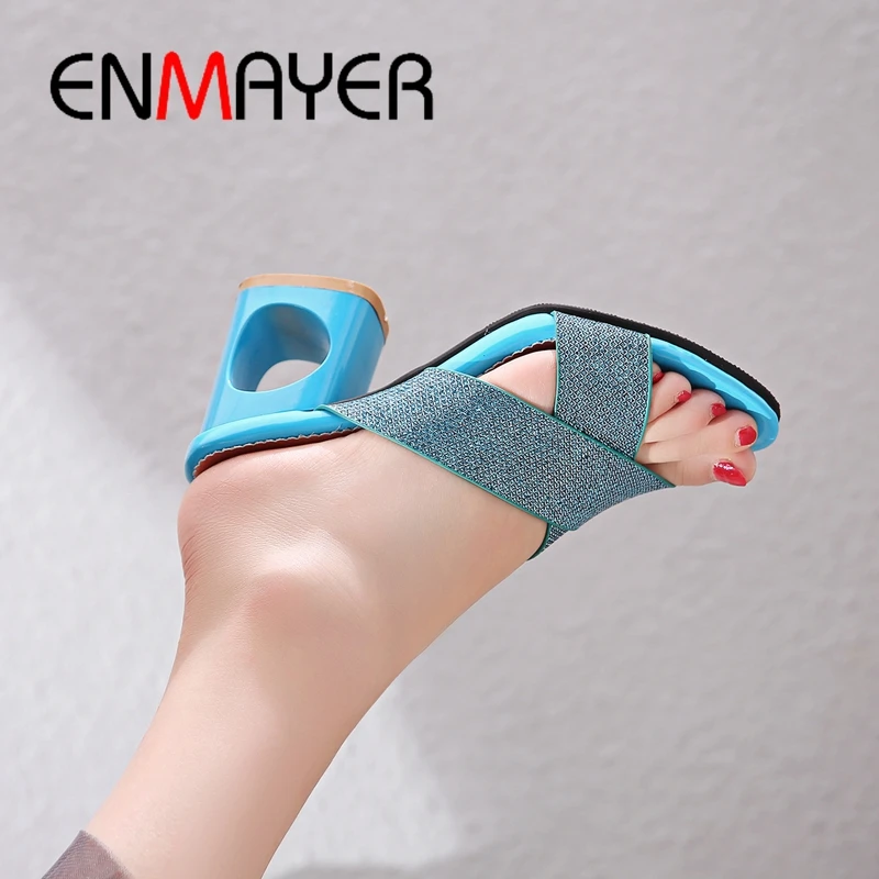 ENMAYER/Новинка 2019 года Женские шлепанцы на высоком каблуке из искусственной кожи