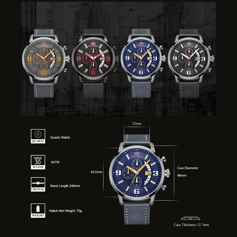 Мужские наручные часы Minifocus 2017 роскошные брендовые деловые мужские с кожаным