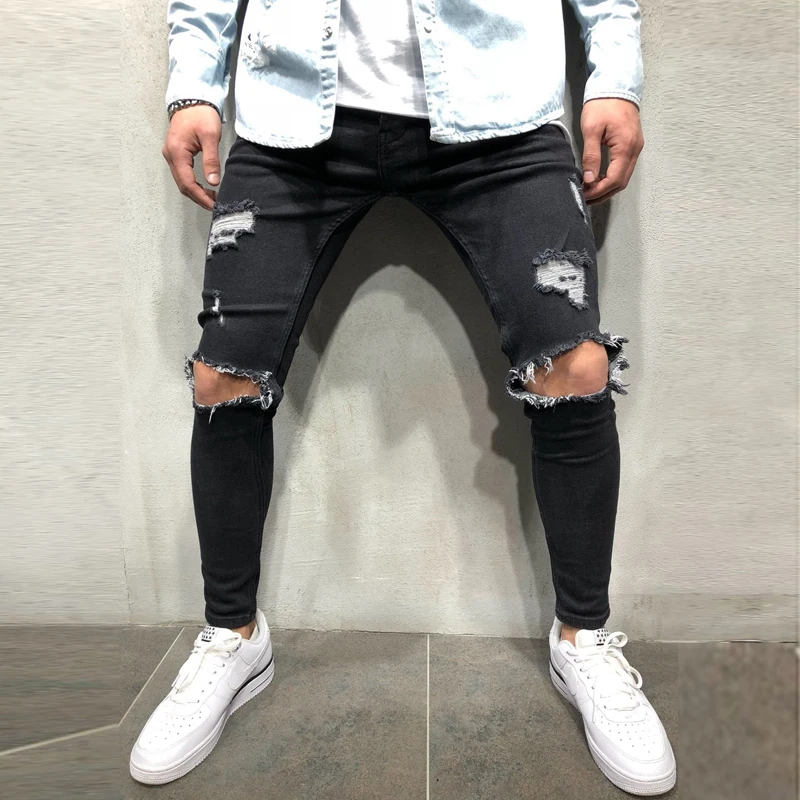 Мужские дизайнерские черные джинсы с дырками рваные Стрейчевые облегающие брюки