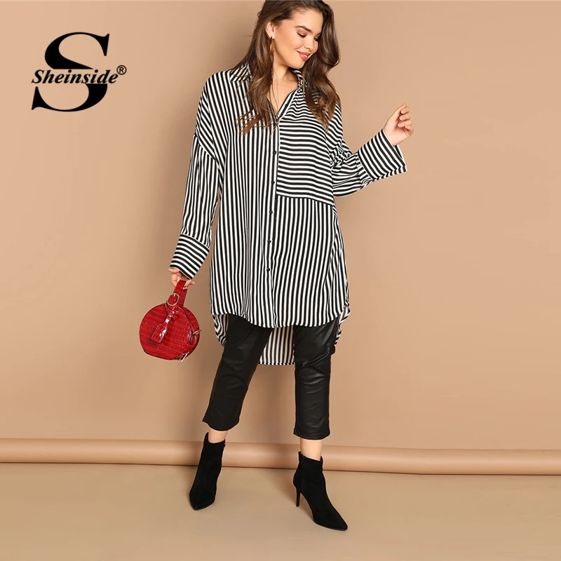 Sheinside размера плюс, женская блузка с заниженным плечом, черная и белая полосатая длинная рубашка, Женская Офисная Элегантная блузка с длинным рукавом
