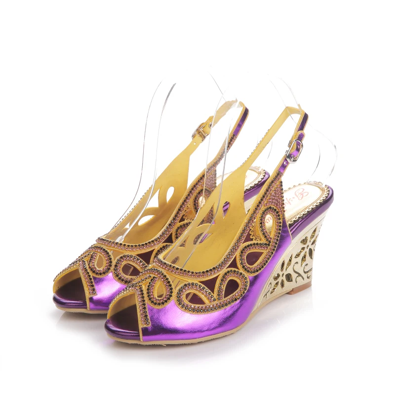

New Summer Ladies Purple Wedge Sandals Rhinestone High Heel Hollow Fish Mouth Shoes Travel Sandals Party Shoes 8CM