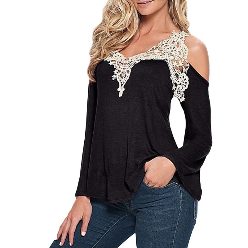 Женская футболка с кружевной вышивкой сексуальные топы открытыми плечами и v
