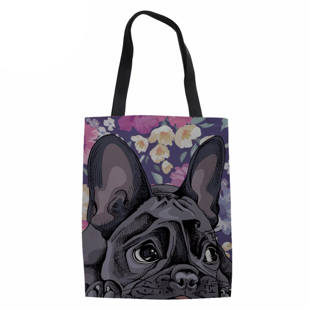 

Холщовая женская сумка для девушек, Пляжная 3D сумка для собак, французского бульдога, маргариток, боксеры с принтом, женская сумка через пле...