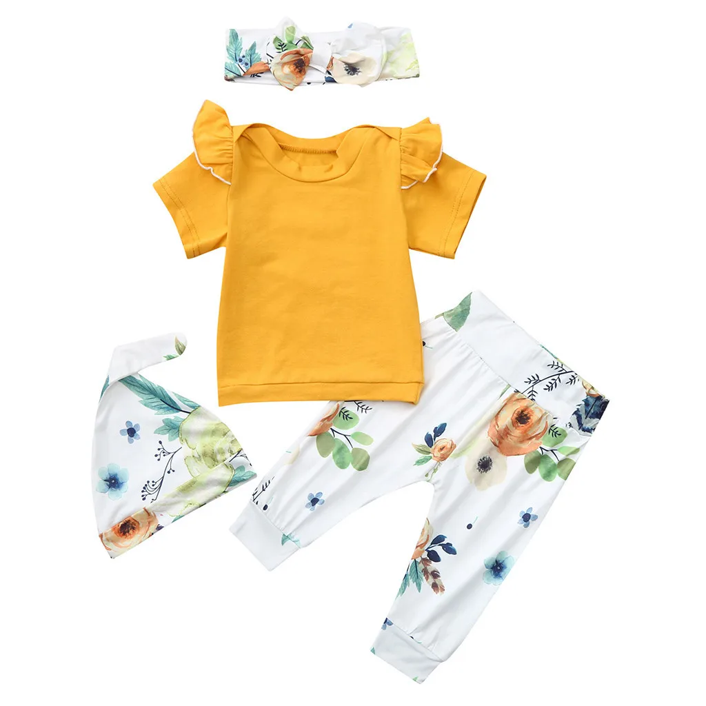 4PCS Toddler Baby Boy&ampGirls Outfits Floral Print Top Pants Cap Headband Ruffles girl clothing teenage kids clothes | Детская одежда
