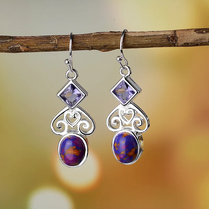 silver purple OMHXZJ Европейская мода Горячая Женская Вечеринка день рождения свадебный подарок Винтаж Чароит Аметист Тай Серебряные висячие серьги EA488 - Цвет камня: silver purple