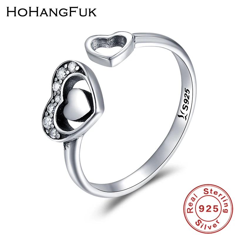 HoHangFuk Новый стерлингового серебра 925 двойной полый сердца Pave CZ открыть палец