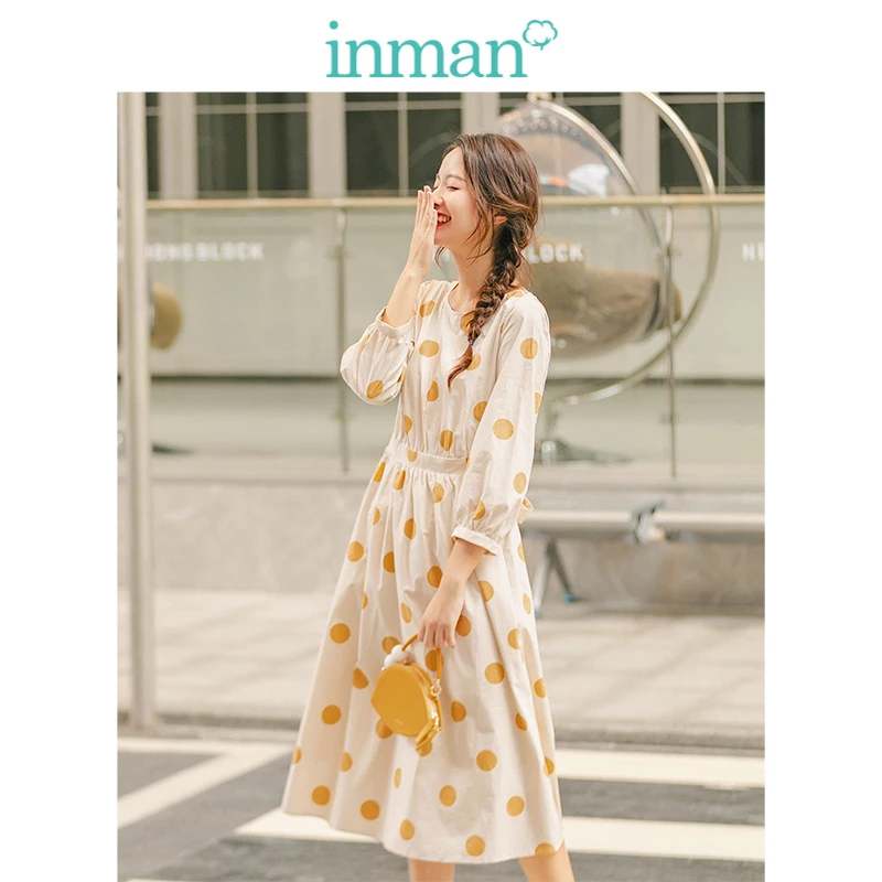 INMAN весна осень o образным вырезом три четверти рукав Ретро волна точка