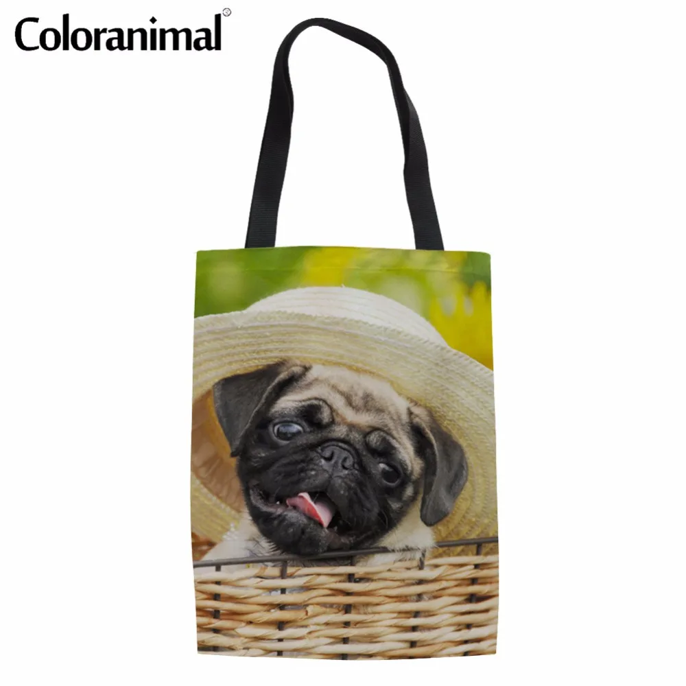 Сумка-тоут женская холщовая с принтом собаки и Мопса | Багаж сумки