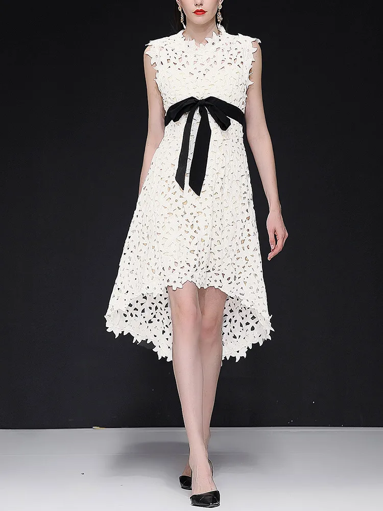 

2019 Women Dress Zanzea Longo Dress De Festa Summer Women's Openwork Water Soluble Flower Tie Waist Irregular Lace Female