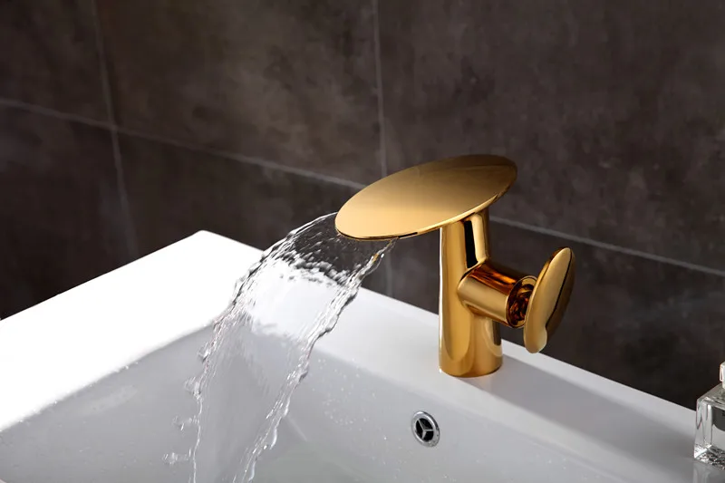 

Free shipping Gold PVD Color Contemporary single hole /handle bathroom waterfall basin sink faucet MIXER TAP NEW