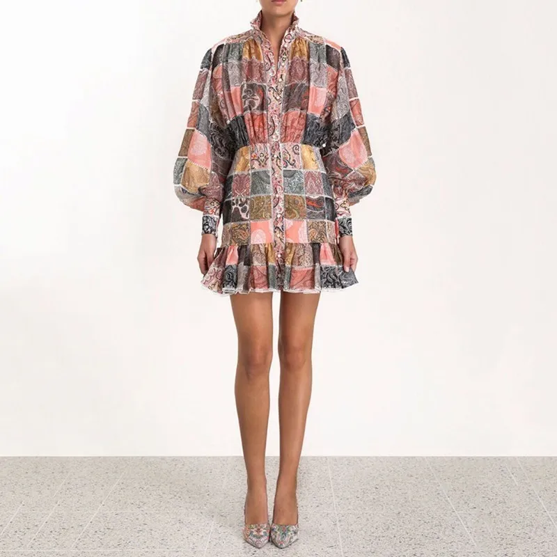 Летние Стильные женские платья с принтом воротником-стойкой рукавами-фонариками