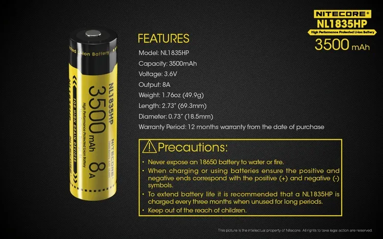 1 pcNitecore NL1835HP высокопроизводительный 18650 3500 mAh 3,6 V 12.6Wh 8A Защищенный Литий-ионный аккумулятор с верхней кнопкой
