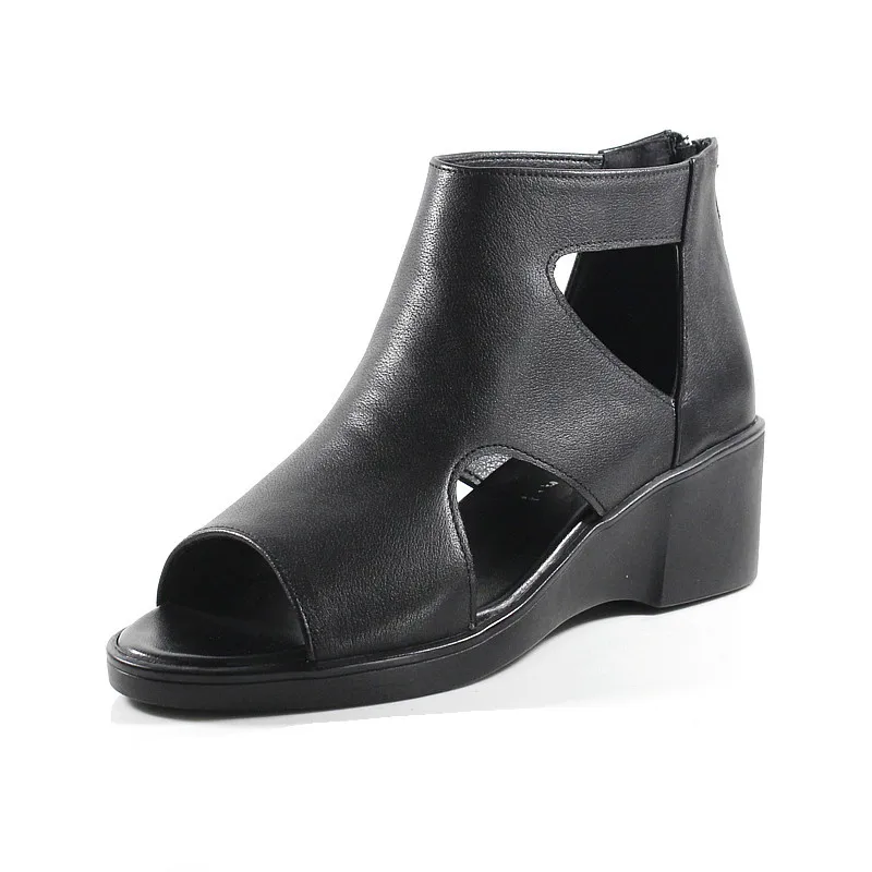 Женские кожаные сандалии босоножки на танкетке высоком каблуке 5 см Летняя обувь