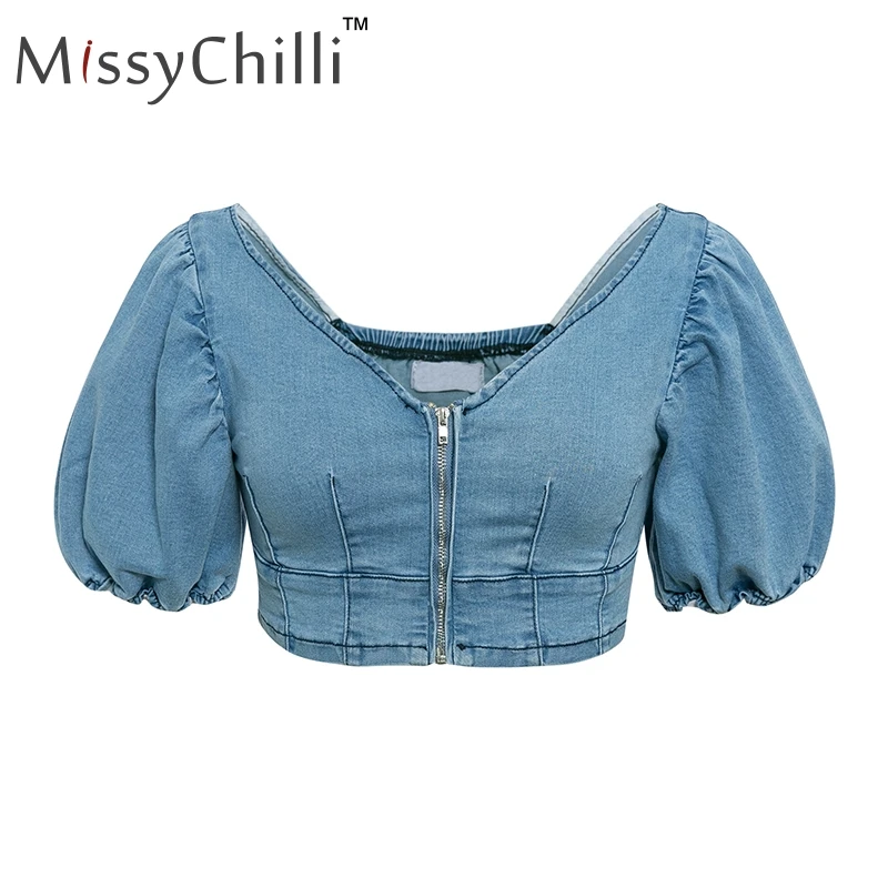 Синий MissyChilli, сексуальный Летний джинсовый клубный кроп-топ, женский короткий топ с рукавом-фонариком, Женская майка, эластичная элегантная джинсовая майка - Цвет: Синий