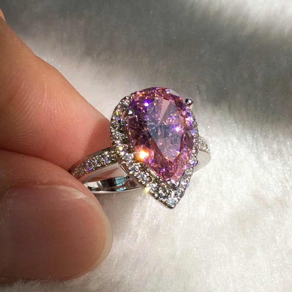 

Vecalon fashion ring Pear cut 4ct 5A Zircon cz Engagement wedding Band ring for women 925 Sterling Silver Female Finger ring