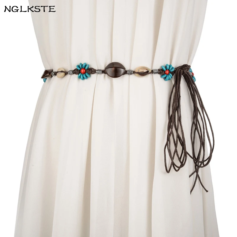 

NGLKSTE Fashionable women belt knot weaving wax rope shell decoration Ms. clothing Cummerbund Bohemia style ladies' narrow belt