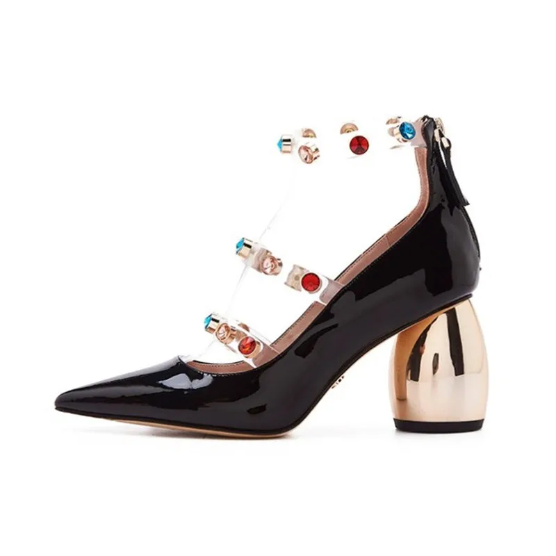 Women Pointed Toe Pumps Black Shiny Leather Formal Dress Party Shoes Studded Strap Chunky High Heel Office Zapatos Mujer Creeper