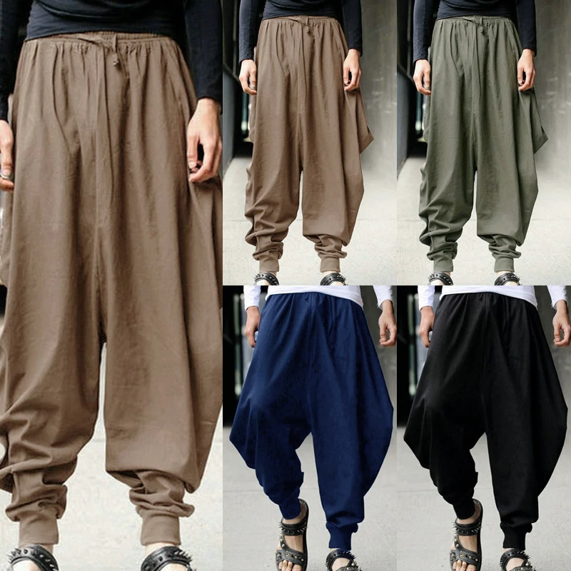 Мужские льняные брюки Pantalo, летние шаровары, свободные штаны с заниженным шаговым швом, широкие длинные брюки, мужские укороченные штаны в японском стиле самурая