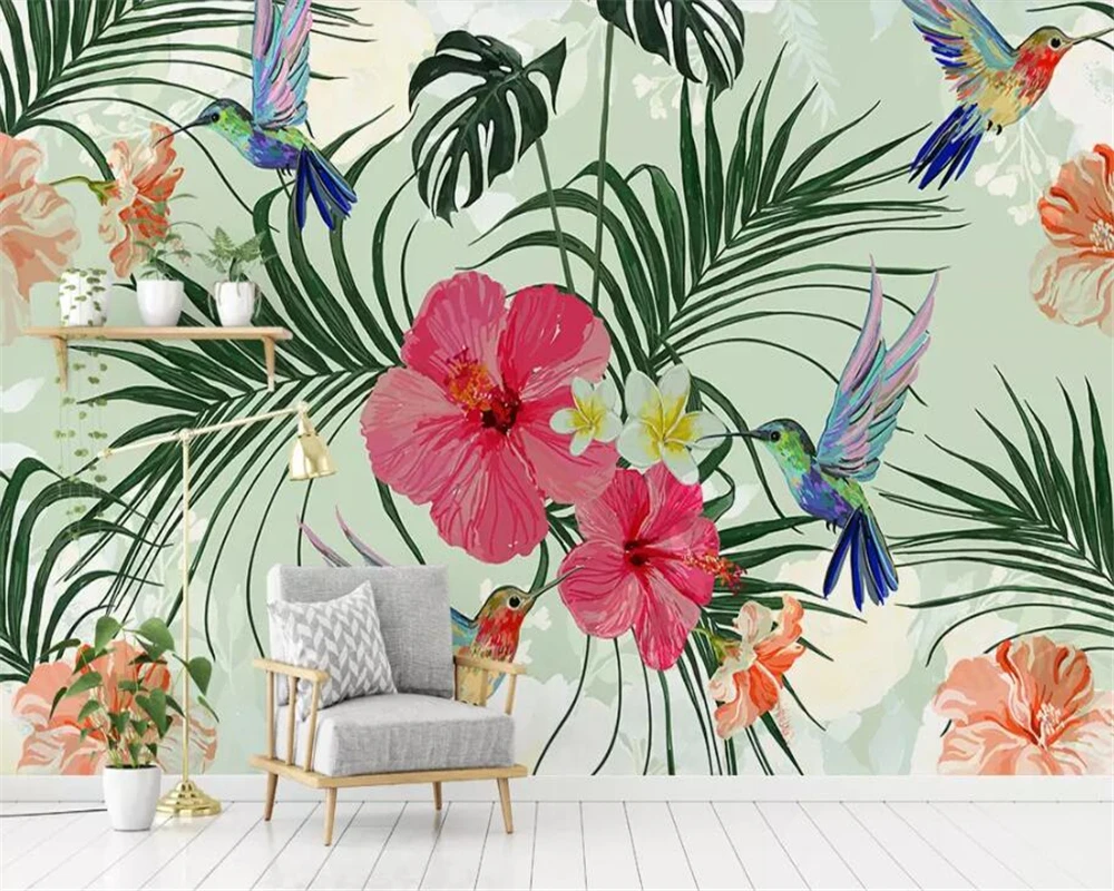 

Обои на заказ, Рисованные вручную тропические растения и листья, лист фламинго, ТВ, диван, фон, стены, papel de parede 3d обои