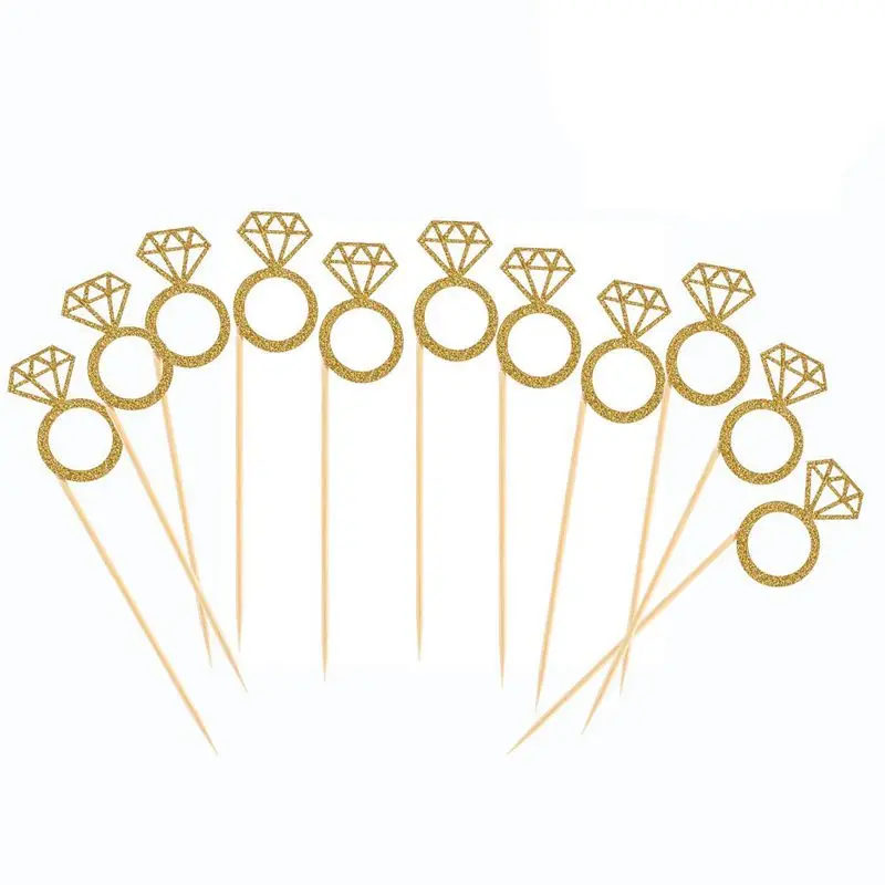 Gold 50 упаковок топперы для кексов с золотым блеском, мини АЛМАЗНОЕ КОЛЬЦО, топперы на торт для свадьбы, помолвки, юбилея, дня рождения, Дня Святого Валентина P - Цвет: Gold