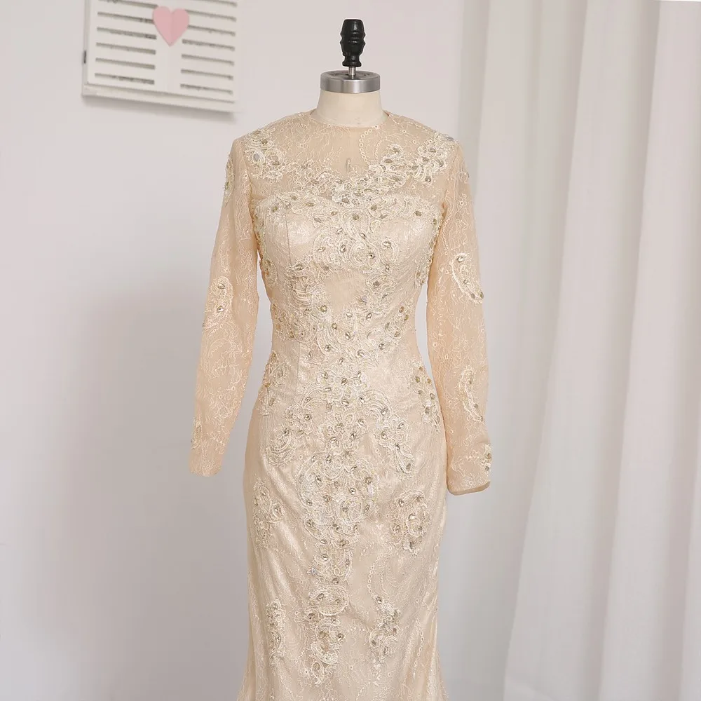 

Champagne Evening Dresses Mermaid Long Sleeves Lace Crystals Elegant Long Evening Gown Prom Dress Prom Gown