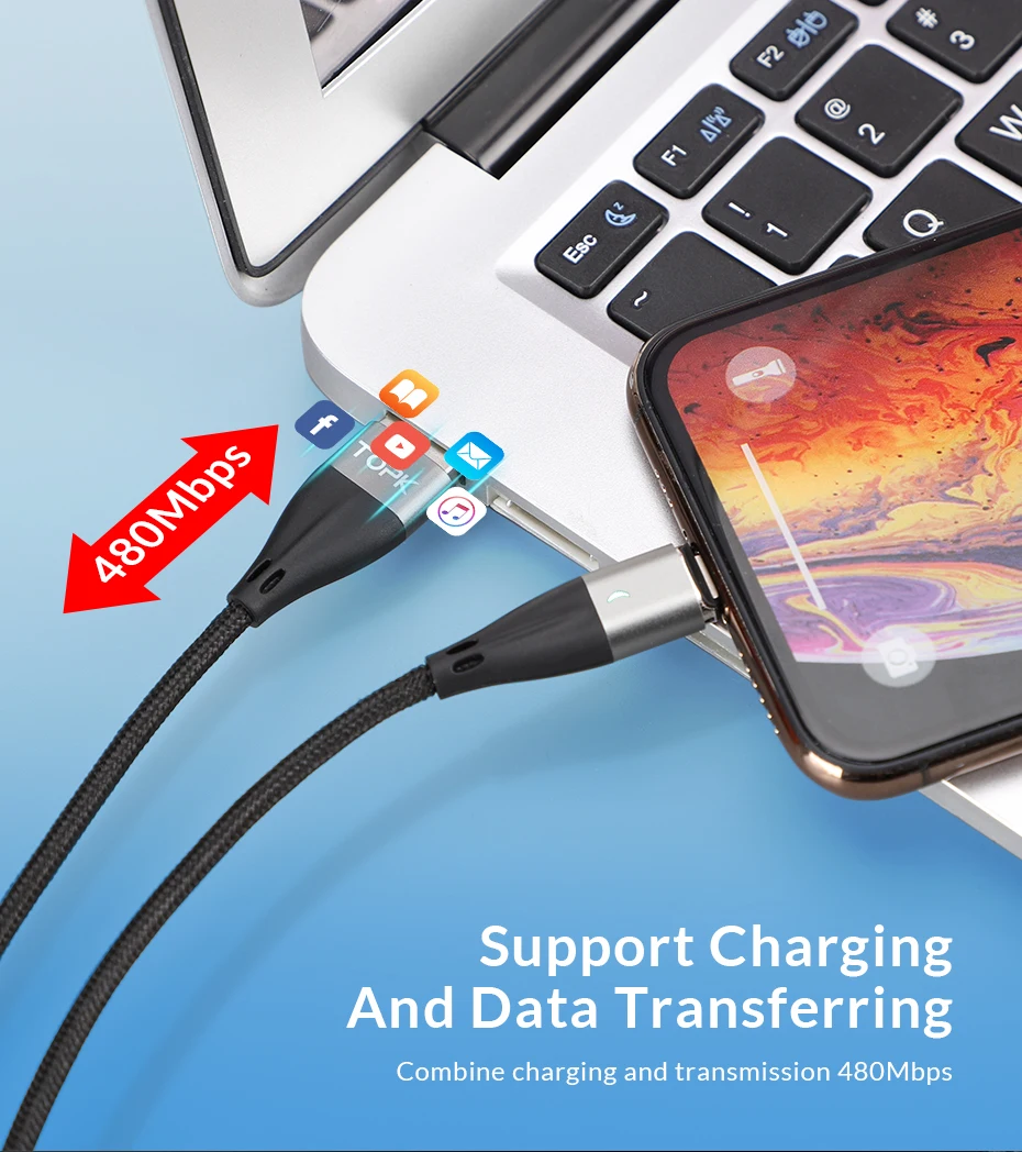 TOPK 1 м 2 м USB Магнитный кабель usb type C и mi cro USB кабель Быстрая зарядка кабель usbc для iPhone samsung Xiao mi redmi note 7 mi a2