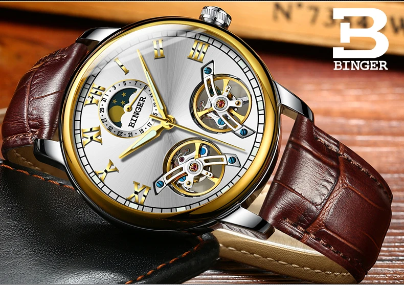 Швейцарские BINGER Роскошные автоматические часы Moon Phase для мужчин с двойным турбийоном для мужчин s Скелет механические часы для мужчин бренд Relogio