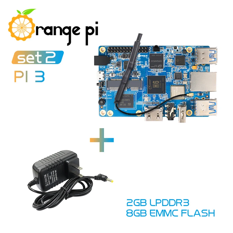 Orange Pi 3 Set2: OPI 3+ блок питания, H6 2 Гб LPDDR3+ 8 Гб EMMC Flash Gigabyte AP6256 BT5.0 Поддержка Android 7,0, Ubuntu, Debian