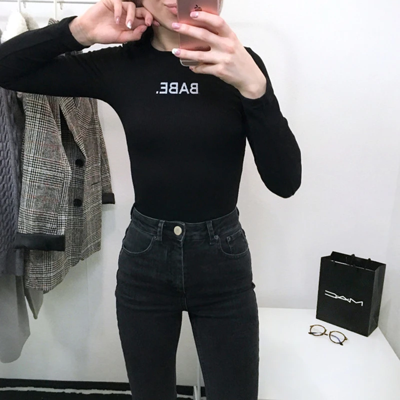 Осенний комбинезон для женщин с длинными рукавами Skitzyou, облегающий топ с надписью, бело-черный, эластичный, сочетающийся с зимними комбинезонами и комбинезонами-джемперами, 2018 год.