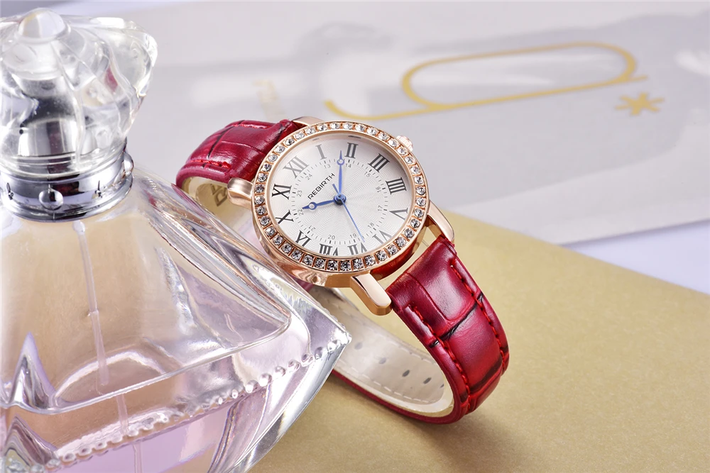 

REBIRTH Ladies Fashion Quartz Watch Women Leather Casual Dress Women's Watches Rose Gold Crystal reloje mujer New montre femme