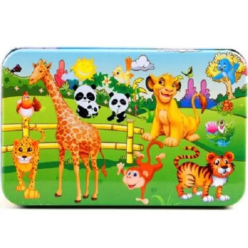 Zoo-animal-60pcs Монтессори деревянная настольная игра-головоломка штук с металлической коробкой 60/100/200 шт. Juguetes IQ образования детей 3 лет с принтом Бэтмена из мультфильма животное - Цвет: Zoo-animal-60pcs