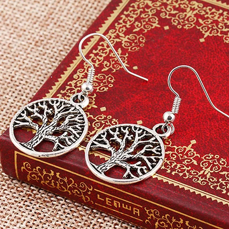Античные с серебристым покрытием Дерево жизни Висячие серьги для женщин полые