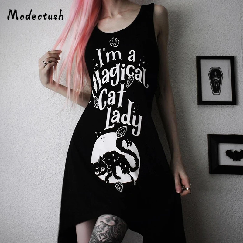 Modecrash/футболка на бретелях с принтом черного кота мини платье 2019 г. летние модные