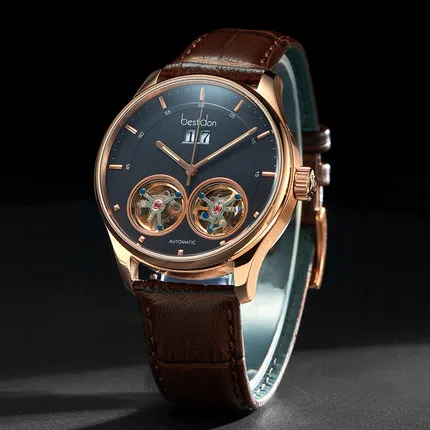 Rose gold black Роскошные часы Bestdon с двойным турбийоном, оригинальные мужские автоматические часы, модные мужские механические наручные часы с кожаным ремешком - Цвет: Rose gold black