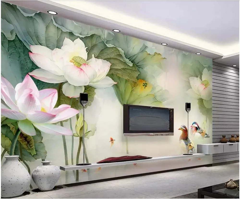 3d photo wallpaper custom mural Pond lotus leaf mandarin duck background wall home decor murals for walls 3 d | Обустройство дома