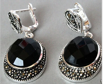 

Bridal jewelry free shipping hot sellVintage Sterling Silver Natural Faceted Black stone Onyx Marcasite Earrings