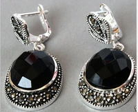 bridal jewelry free shipping hot sellvintage sterling silver natural faceted black stone onyx marcasite earrings
