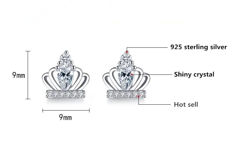 

100% 925 sterling silver fashion shiny crystal crown ladies`stud earrings women jewelry female Christmas gift drop shipping