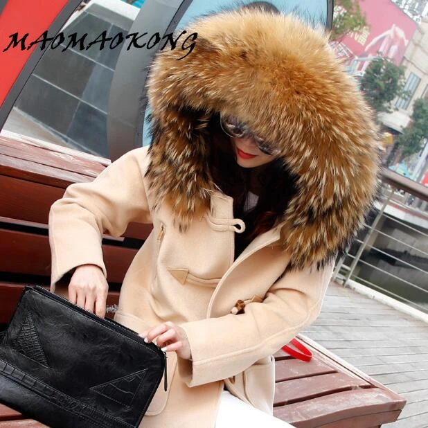 New Winter Wool Coat Women 2017 Large Real Raccoon Fur Collar Hooded Trench Casual Long Outerwear Ladies Coats Jackets