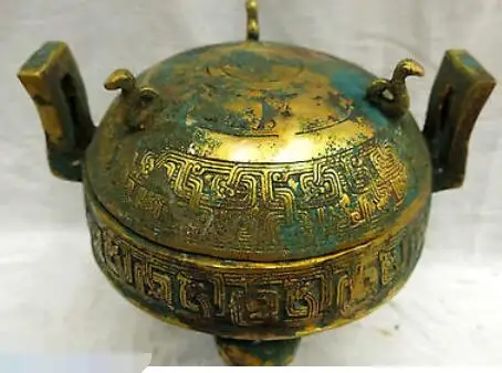 Китайский Старый бронзовый позолоченный горшок скульптура тонкая птичка три