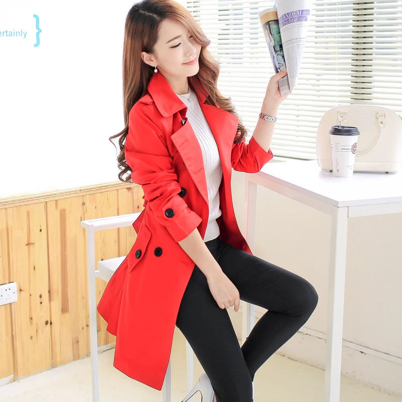 2017 Демисезонный Для женщин Тренч средней длины однотонные Пальто двубортное Slim